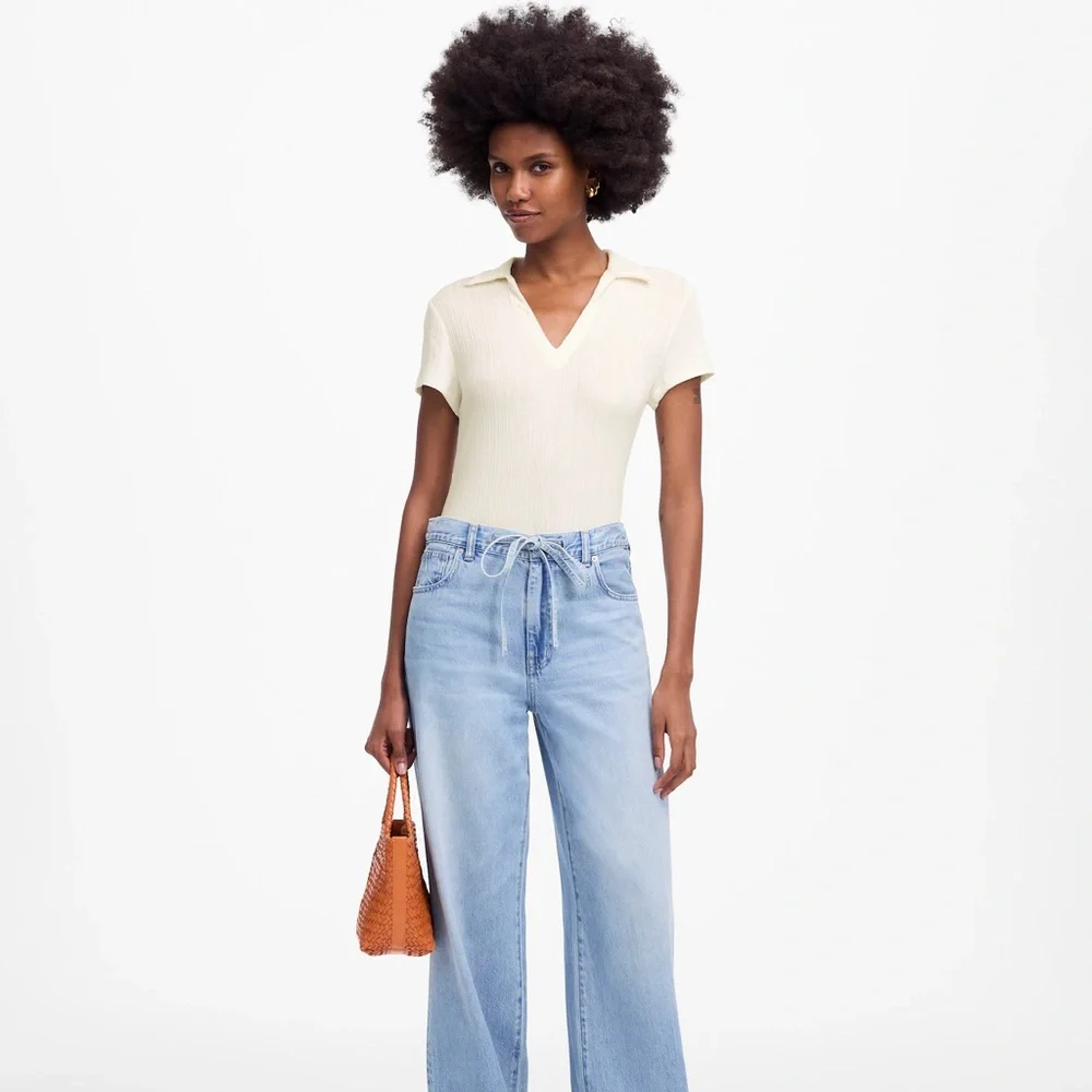 Madewell White Ribbed V-Neck Polo Tee - Picture 5 of 8